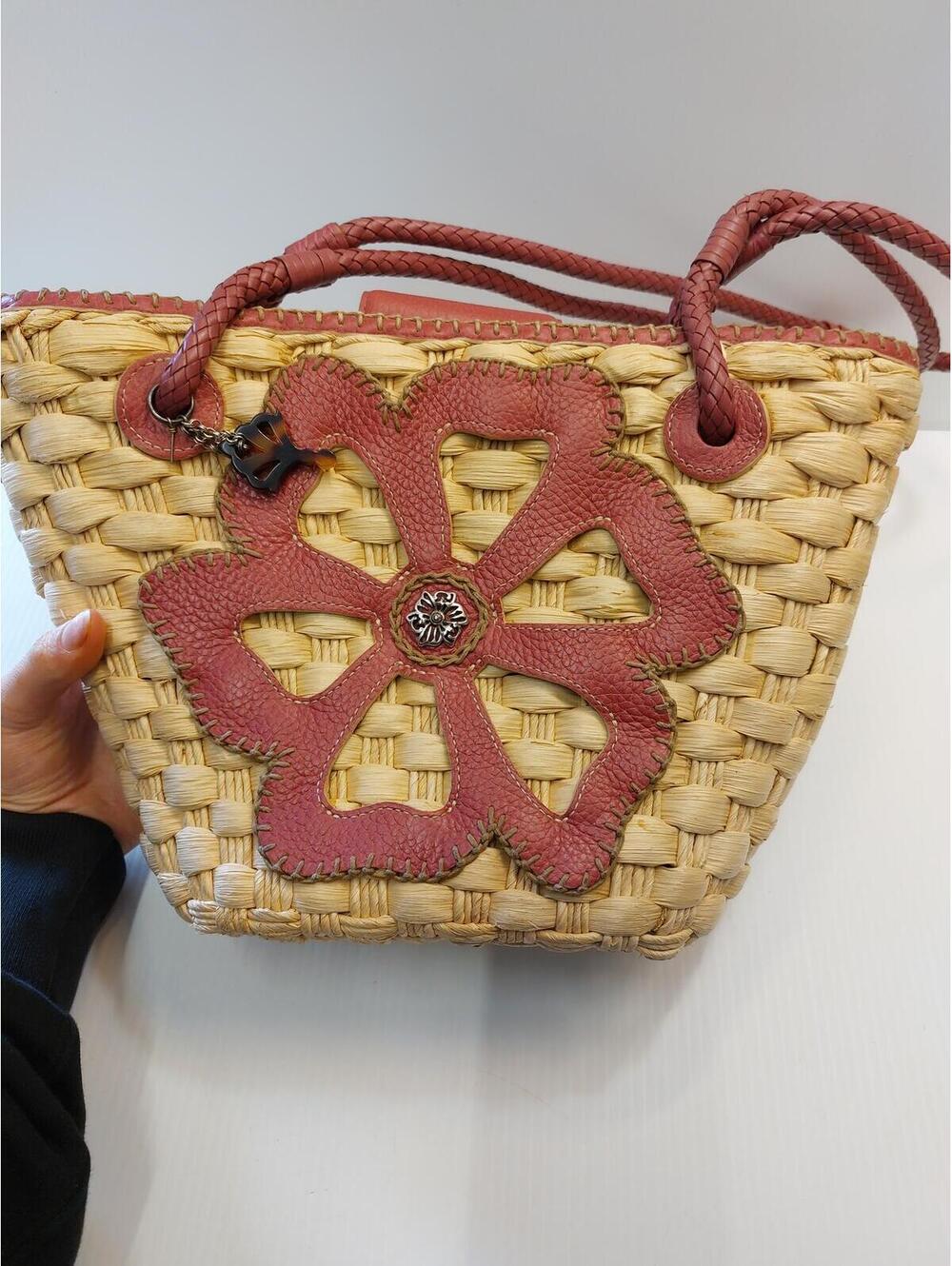 Vintage Y2k Brighton straw raffia shoulder bag purse with pink leather flower